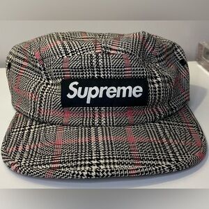 Supreme Glen Plaid Camp Cap, Black/White/Pink, EUC